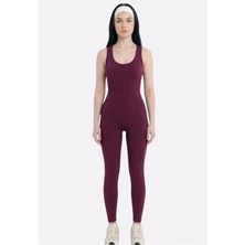 Formactive 1850 Kadın Push Up Askılı Dikişsiz Spor Tulum - Çapraz Sırt Detaylı Spor Yoga Pilates Taytı – Vişne M/L