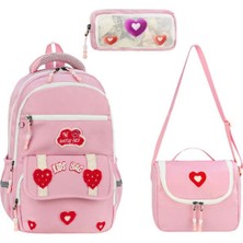 Baginn Ilkokul Kız Çocuk Çantası 3'lü Set Kalpli Desen 40*30 cm Beslenme Çantası Kalem Kutusu Ortopedik