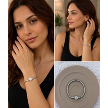 Fm 💎 Premium Gümüş Renk Parlak Yuvarlak Taşlı 316L Çelik Charm Bileklik (18CM Uzunluk)