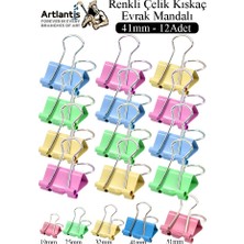 Artlantis Renkli Çelik Kıskaç Klips 41 mm 12 Adet Evrak Mandalı Renkli Metal Mandal Binder Clips Kıskaç 180 Sayfa Kapasiteli