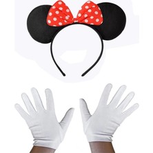 Marsilyan™- Kırmızı Fiyonklu Minnie Mouse Tacı ve Beyaz Eldiven Seti