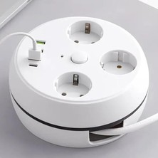 Korumalı 3'lü Anahtarlı Grup Priz, 2500W, 1.5 Metre Makaralı Kablolu 3x USB - 1x Type-C Girişli