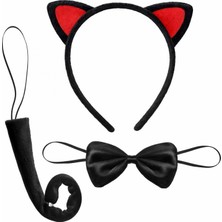 Marsilyan™- Kırmızı Kulaklı Kedi Kostüm Seti – Taç Papyon Kuyruk 3 Parça