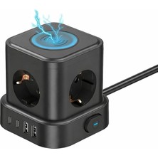 Küp Priz Çoklayıcı, 2 USB + 2 Type-C, 5W Kablosuz Şarj, 2 Metre Kablolu, Aç/kapa Anahtarlı, E