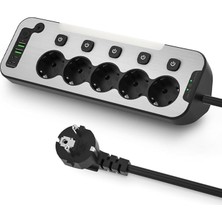 Anahtarlı 5'li Işıklı Akım Korumalı Çoklu Priz 4000W, 2x USB - 2x Type-C Giriş, Metal Ön Pa