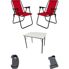 2 Adet Kamp Sandalyesi Katlanır Piknik Sandalye ve Bardaklık Kırmızı + Katlanır Mdf Masa Kırm