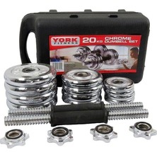Döküm Plaka Dambıl Seti, 20 Kg, 4 x 0,5 Kg, 4 x 1,25 Kg, 4 x 2,5 Kg, 2 x 35 cm Kauçuk Kulplu Bar