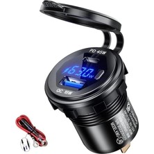 C/usb Portlu Anahtarlı Voltmetre Göstergeli Hızlı Şarj Araç/tekne/motosiklet Mavi Işık