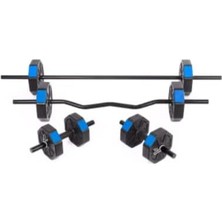 Spor 30 kg (150 Cm) Düz Barlı +Z Barlı Dambıl Dumbell Ağırlık Halter Full Set Mavi Kapaklı