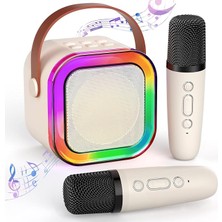 Çocuklar Yetişkinler Için Mini Karaoke Makinesi, 2 Kablosuz Mikrofon ve LED Renkli Işıklarla Ta