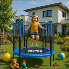 Büyük Boy Trambolin, 140 cm Çap, Korumalı, Kolay Kurulum, Mavi