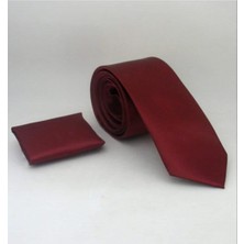 Nacar Store Erkek Kırmızı Saten Mendilli Kravat Seti Tek Ebat