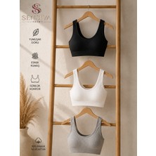 Sensiva Lingerie Bustiyer Fitilli Kalın Askılı Pedli 3'lü Paket - Pamuklu Crop Yarım Atlet - Telsiz Konfor ( 3 Adet ) Siyah - Beyaz - Gri