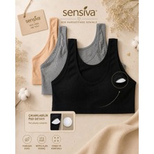 Sensiva Lingerie Bustiyer Fitilli Kalın Askılı Pedli 3'lü Paket - Pamuklu Crop Yarım Atlet - Telsiz Konfor ( 3 Adet ) Ten - Gri - Siyah