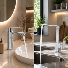 Mixsa Krom Lüx Premium 2'li Set Banyo Lavabo Bataryası ve Kare Mutfak Bataryası Şık Tasarım Özgün Model Batarya