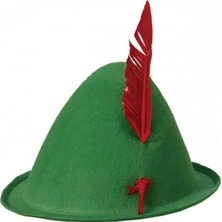 Marsilyan™- Yeşil Renk Kırmızı Tüylü Peter Pan Şapkası Robin Hood Şapkası 24X23 cm