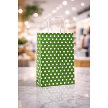 Beyaz Puantiyeli Yeşil Kraft Kağıt Çanta 32X41X12 Cm, Büküm Saplı Hediyelik Butik Mağaza Po�