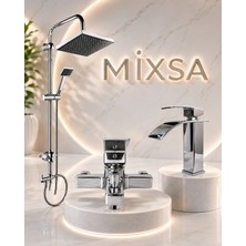 Mixsa Lüx Krom Robot Duş Seti Kare Banyo Bataryası Premium Şelale Akışlı Lavabo Bataryası 3'lü Set