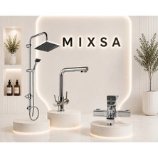 Mixsa Premium Robot Duş Seti Krom Kare Banyo Bataryası 3 Yollu Arıtmalı Mutfak Bataryası Lüx 3'lü Set