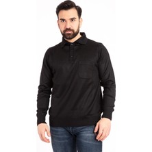 Nacar Store Erkek Siyah Ince Yün Triko Örgü Polo Yaka Baba Kazak