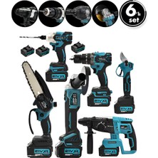 6pcs Usta Elektrikli Alet Seti ŞARJLI=21V Spral Taşlama - Hilti - Bağ Makas - Somun Sökme - Darbeli Vidalama - Budama Testere Plastik Çantal ASR-1111