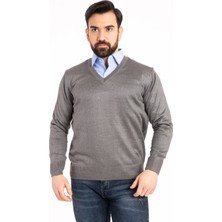 Nacar Store Erkek Gri Ince Yün Triko V Yaka Triko Kazak