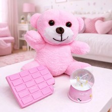 MiraLive Pembe Peluş Ayıcık Kar Küresi ve Pembe Çikolata Not Defteri