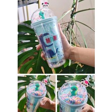 MiraLive Sevimli Dino Temalı Çift Katman 450 ml Suluk Pipetli Mika Mavi 2769