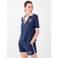 Jimmy Key Lacivert Polo Yaka Brode Detaylı Kısa Kol Bluz