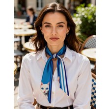 MiraLive Kadın Mavi Çizgili ve Kedi Desenli Fular – Gömlek, Blazer ve Çanta Için Uygun– Hediye Alternatifi