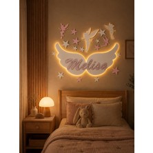 Runc Design Melek Kanadı Temalı Kız Çocuk Odası Duvar Dekoru - Kişiye Özel Isimli Ledli Çocuk Odası Gece Lambası Duvar Süsü