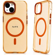 Arkay iPhone 15 Kılıf Magsafe Mıknatıslı Turuncu Şeffaf Sert Mika Premium Kılıf Darbe Emici Aleminyun Kamera Çerçevesi Ve Aleminyum Tuşlar