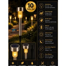 Flyonlook 10’lu Solar Bahçe Lambası Sarı Işık Paslanmaz Çelik Gövde 360° Aydınlatmalı Güneş Enerjili Bahçe Yolu Lambası Solar Lamba Çubuk