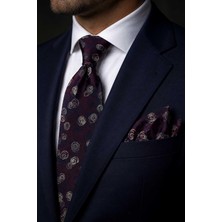 Kravatkolik Bordo Lacivert Çiçek Desen Mendilli Klasik Kravat KK13793