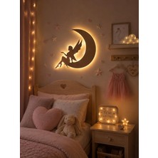 Runc Design Işıklı Ay ve Peri Temalı Kız Çocuk Odası Duvar Dekoru - Ledli Çocuk Odası Gece Lambası Duvar Süsü