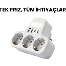 Smayling 3’lü Duvar Tipi Akım Korumalı Priz | 2 Usb-A + 2 Type-C Girişli | LED Gece Lambalı Akıllı Çoklu Priz