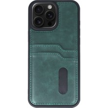 Bezos iPhone 15 Pro Max Kılıf Sara Kartvizitli Deri Kılıf - Koyu Yeşil