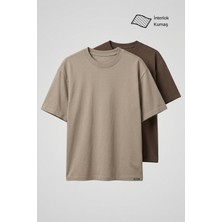 Allunique Erkek 2'li Bej/kahve Oversize Interlok T-Shirt