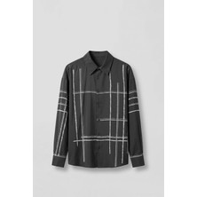 Abluka Online Erkek Oversize Flok Çizgili Uzun Kollu Tencel Gömlek Siyah