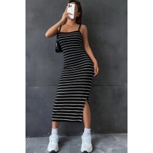 Defy Moda Kadın Askılı Yandan Yırtmaçlı Uzun Ottoman Elbise