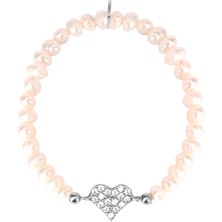 Emiliano Jewellery Zirkon Taşlı Gümüş Rengi Kaplama Incili Kalp Desenli Gümüş Strech Bileklik