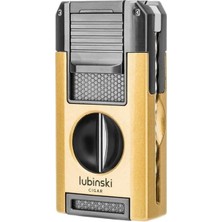 Lubinski Premium Çift Torch Puro Çakmağı Dahili V-Cut Kesici - Delici - Iğne- Sehpa Gold LB-113