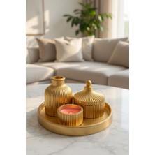 Ümmü Decor Gold Dekoratif Vazo Şekerlik Mumluk Seti 3’lü Tepsili Ev Salon Ofis Dekoru