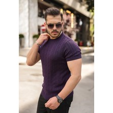 Defy Moda Erkek Örgü Desen Bisiklet Yaka Triko Tişört - %100 Pamuk Akrilik