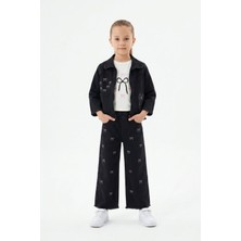 Cansın Mini Siyah Nakışlı Fermuarlı Jean Ceketli Pantolonlu Kız Çocuk 3lü Takım 24140