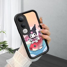 HONTINGA Vivo V50 Lite ile Uyumlu Kılıf Kamera Koruyucu Basitlik Anti Düşme Kamera Korumalı Şirin Kedi Kuromi Siyah Desen Yumuşak Silikon Couple Telefon Kılıfı Kadın ve Erkek Için Uygundur K2-0675