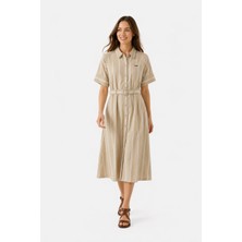 Sibel Günay Butik Vizon Çizgi Desenli Pamuk Poplin Gömlek Elbise 125 cm