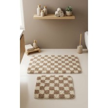 Eurobano Chess Dama Desenli Kemik-Bej 2'li 80 x 50 Lateks Kaymaz Taban Banyo Paspası Makinede Yıkanabilir
