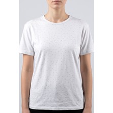 Hadiora Kadın Beyaz Bisiklet Yaka Taşlı Penye T-Shirt