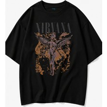 Fuddy Moda Unisex Nirvana Angel Baskılı Bisiklet Yaka Tişört, Oversize Rock Band Temalı Tshirt